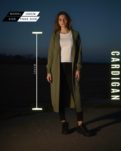 Langer Zopfstrick Cardigan mit Kapuze