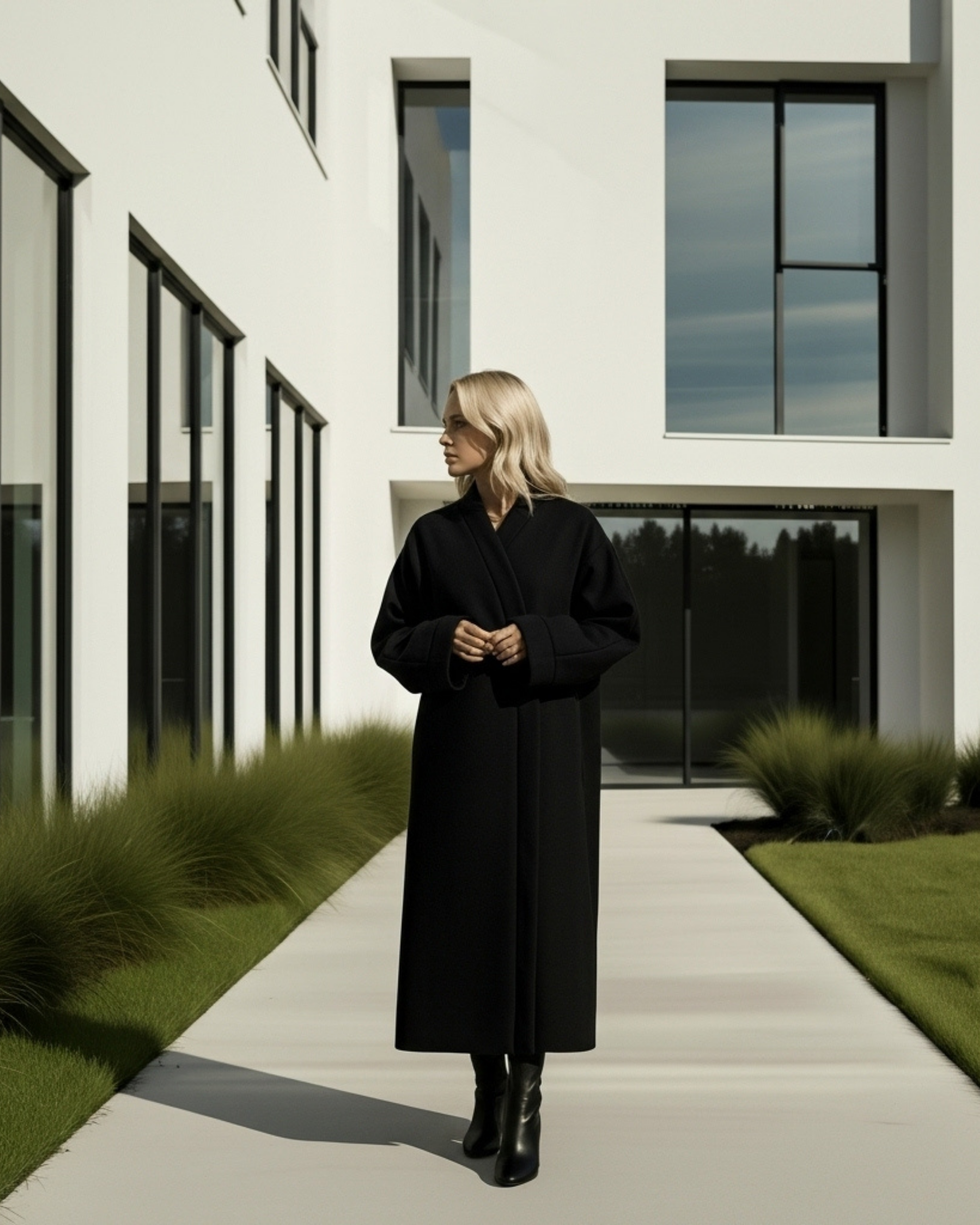 Eleganter, langer Oversize Wollmantel Damen in Schwarz.