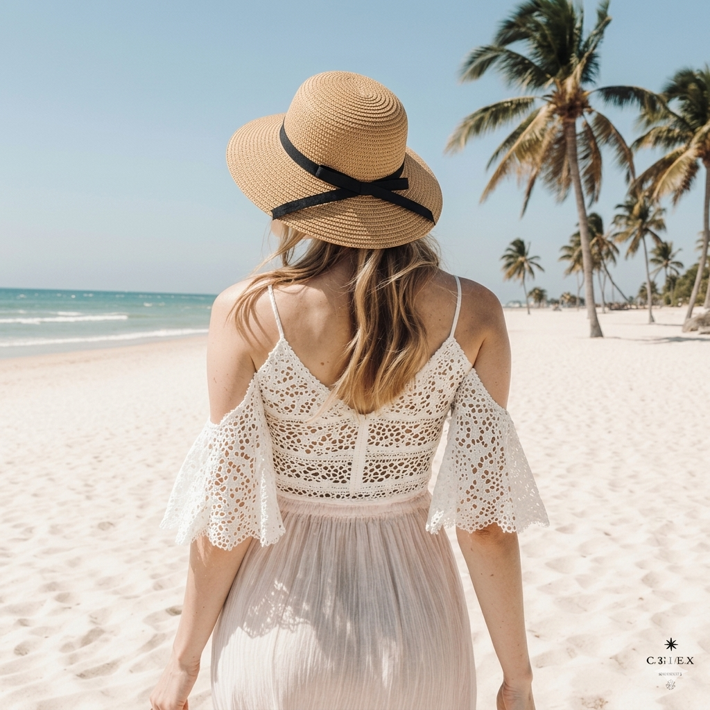 Rückenansicht derselben Frau, die das weiße Boho-Kleid mit den weiten Häkelärmeln und einen Strohhut mit Schleife zeigt, während sie auf den Strand und das Meer blickt.