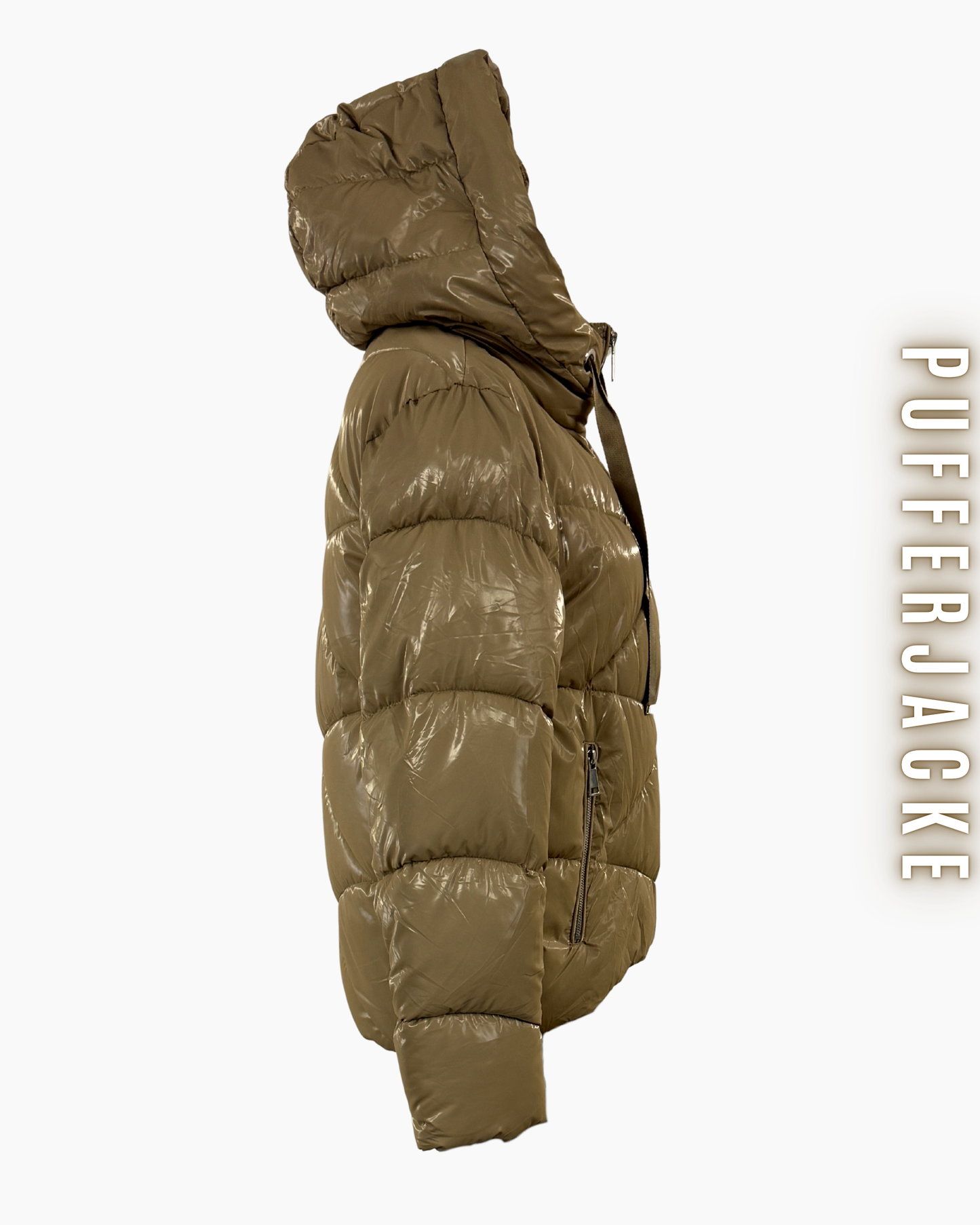 Seitenansicht der glänzenden, kurzen Pufferjacke in Khaki-Braun