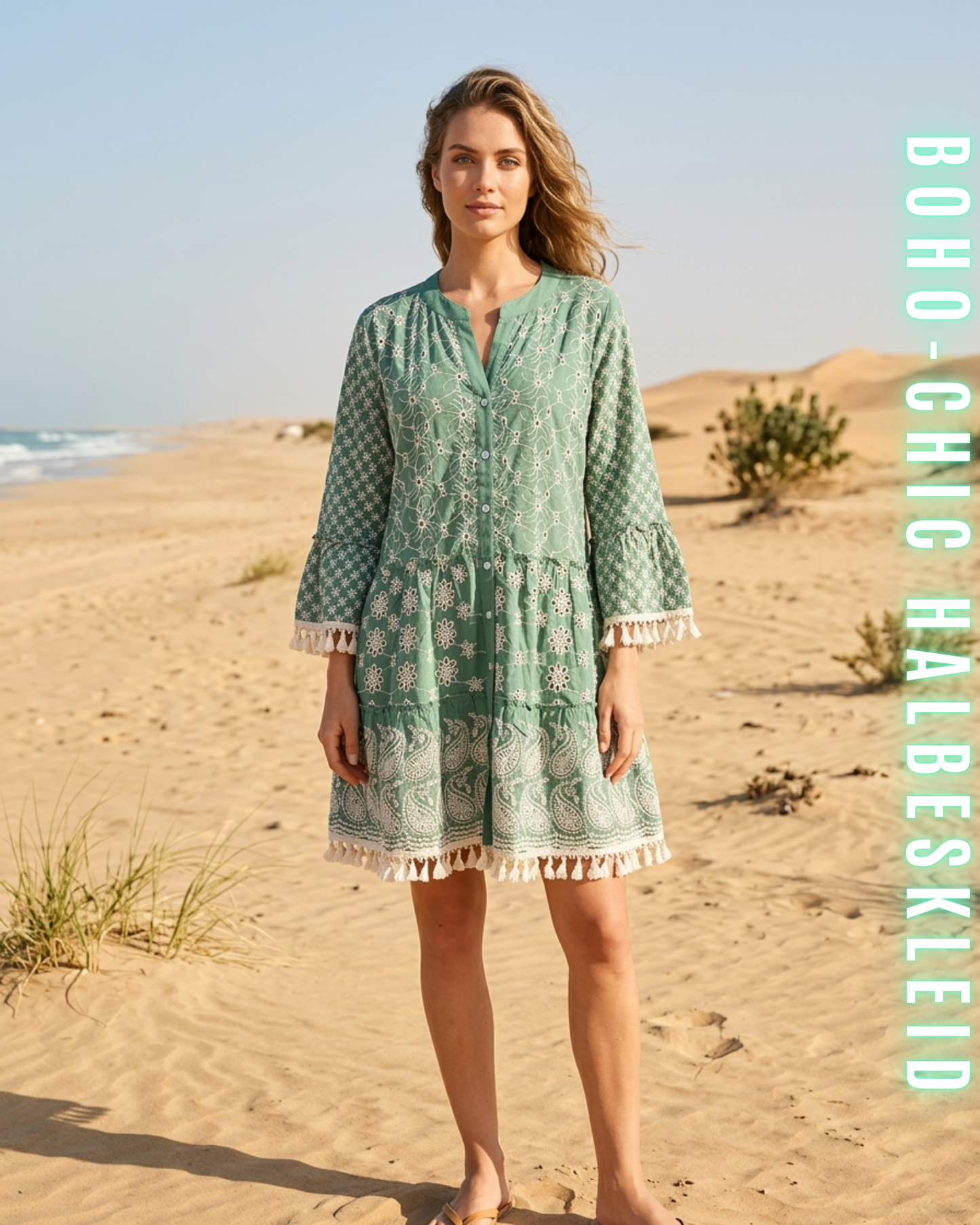 Boho-Kleid mit Lochstickerei & Fransen
