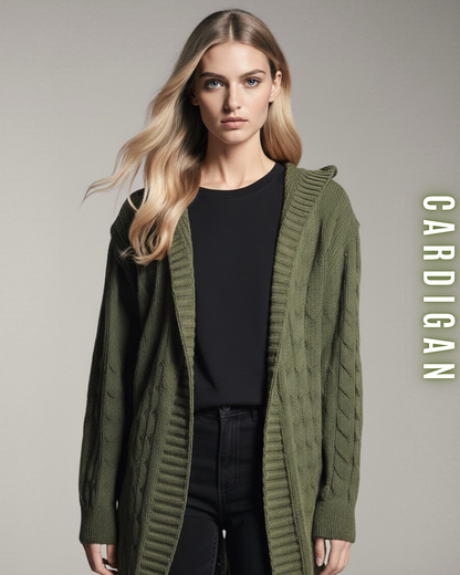 Langer Zopfstrick Cardigan mit Kapuze