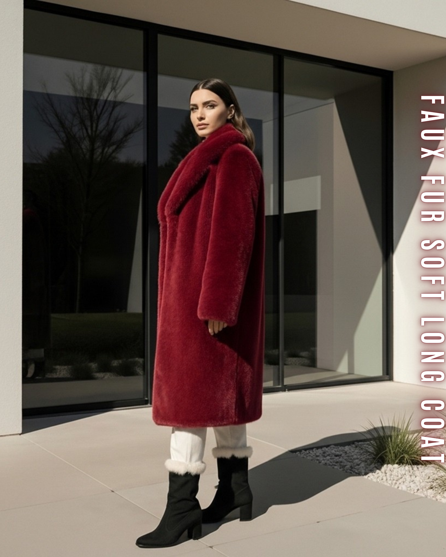 Langer, weicher Kunstpelzmantel in Weinrot, von der Seite getragen.