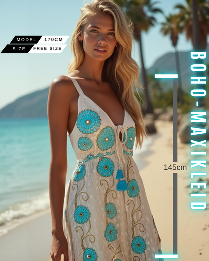 Boho-Maxi-Kleid mit Perlen und Spiegel| Weiß-Grün/Babyblau/Brown | Baumwolle | Ideal für Sommer, Strand & Festival