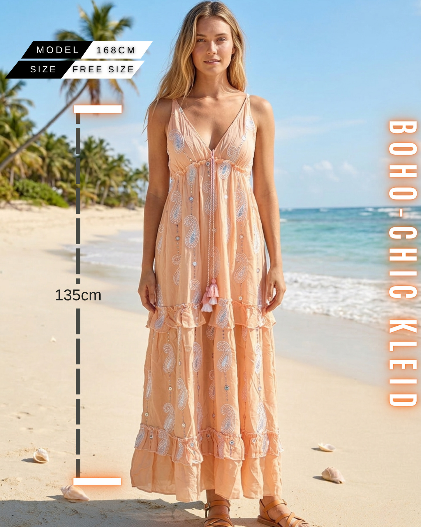 Langes, pfirsichfarbenes Boho-Chic Stufenkleid mit V-Ausschnitt, Quasten und gestickten Paisley-Details, Free size, Einheitsgröße, 135cm Kleid Länge, Sommer Sandalen. 