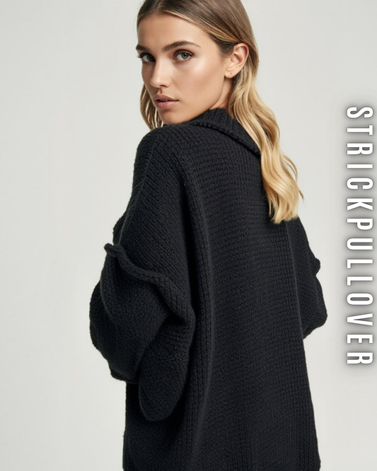 Rückansicht einer Frau, die einen schwarzen Strickpullover trägt, der eine lockere Passform hat.