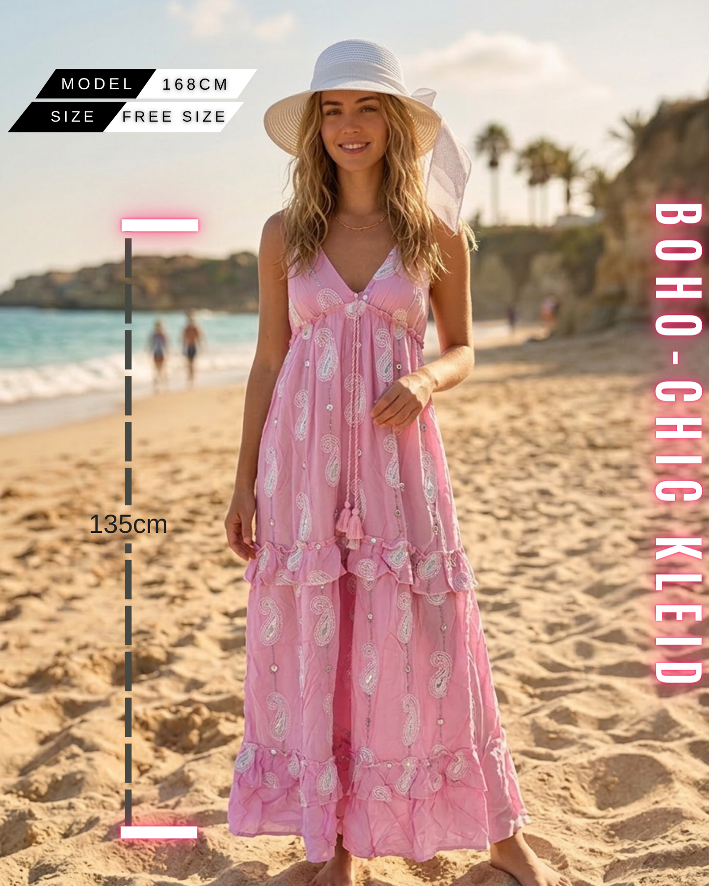 Langes, rosa Boho-Chic Strandkleid mit V-Ausschnitt, weißer Paisley-Stickerei und Quasten-Details, Free size, Einheitsgröße, 135cm Kleid Länge.