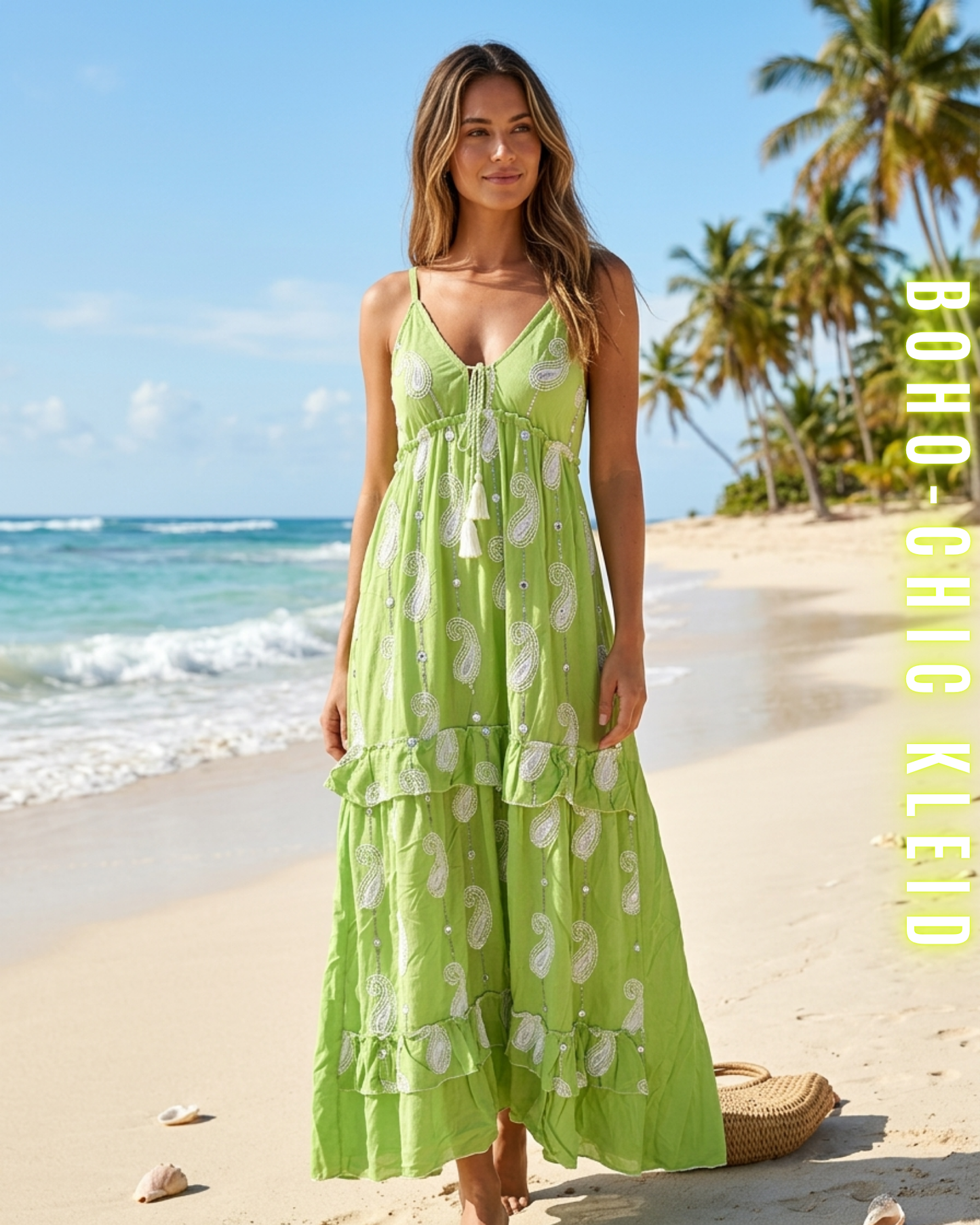 Langes, grünes Boho-Chic Maxikleid für Damen mit V-Ausschnitt, Quasten und weißer Paisley-Stickerei.