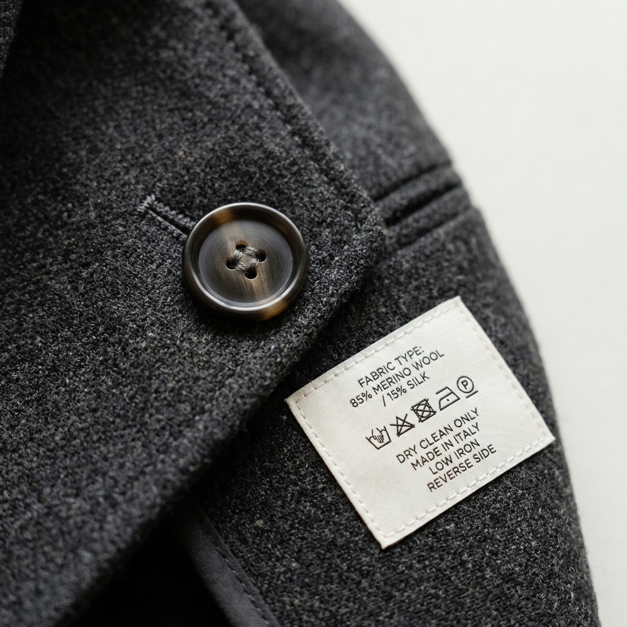 Nahaufnahme eines dunkelgrauen Kleidungsstücks aus meliertem Stoff mit einem braun marmorierten Knopf. Ein weißes Textiletikett gibt die Materialzusammensetzung (85 % Merinowolle, 15 % Seide) sowie Pflegehinweise wie „Dry Clean Only“ an.