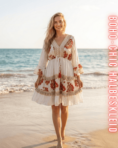 Kurzes weißes Boho-Kleid mit korallenroter Paisley-Stickerei und Fransen am Strand.
