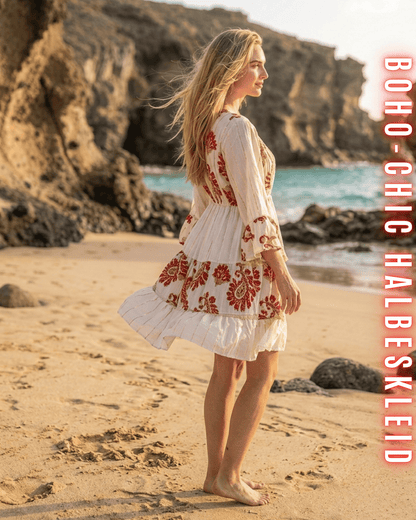 Seitliche Ansicht des Kleides mit rotfarbener Stickerei vor einer Küstenkulisse.