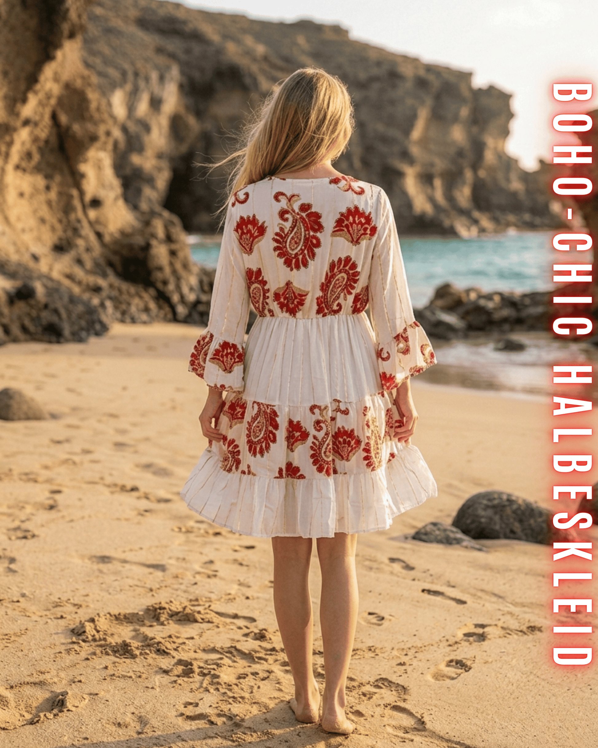 Rückansicht des kurzen Boho-Kleides mit roter Paisley-Stickerei.