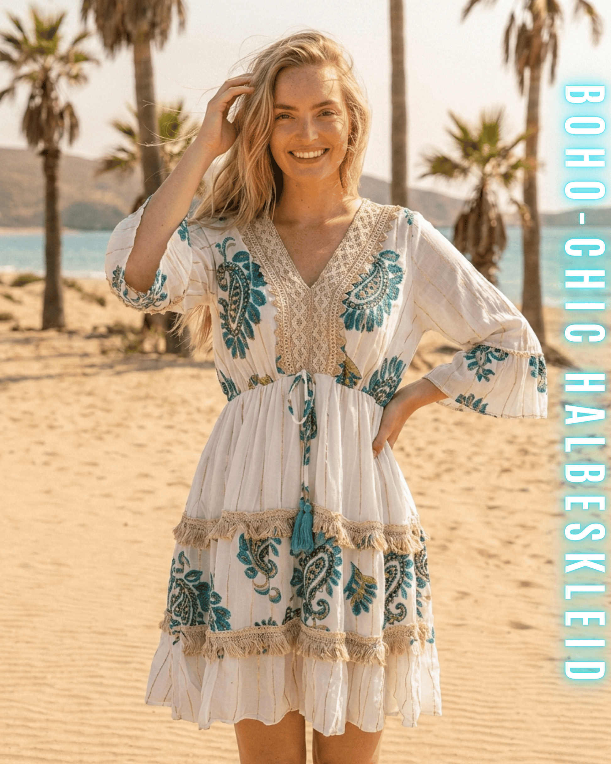 Kurzes weißes Boho-Kleid mit türkis Paisley-Stickerei und Fransen am Strand.