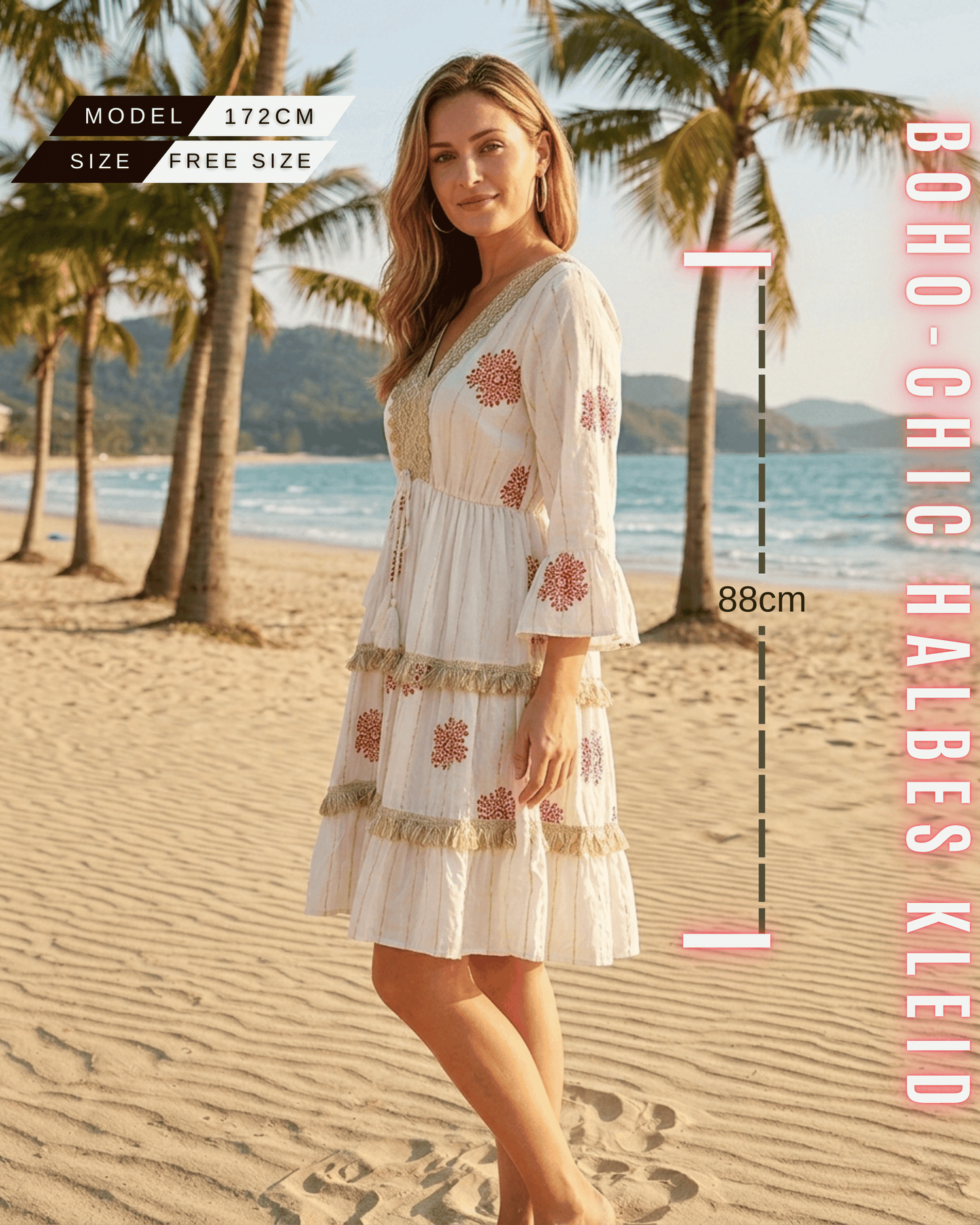 Seitliche Ansicht eines weißen Mini-Kleides mit rostroten Stickereien.