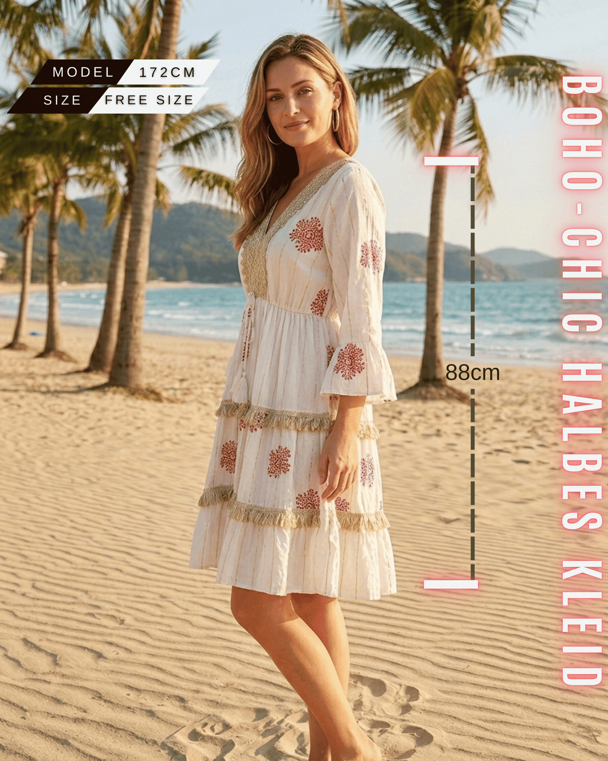 Seitliche Ansicht eines weißen Mini-Kleides mit rostroten Stickereien.