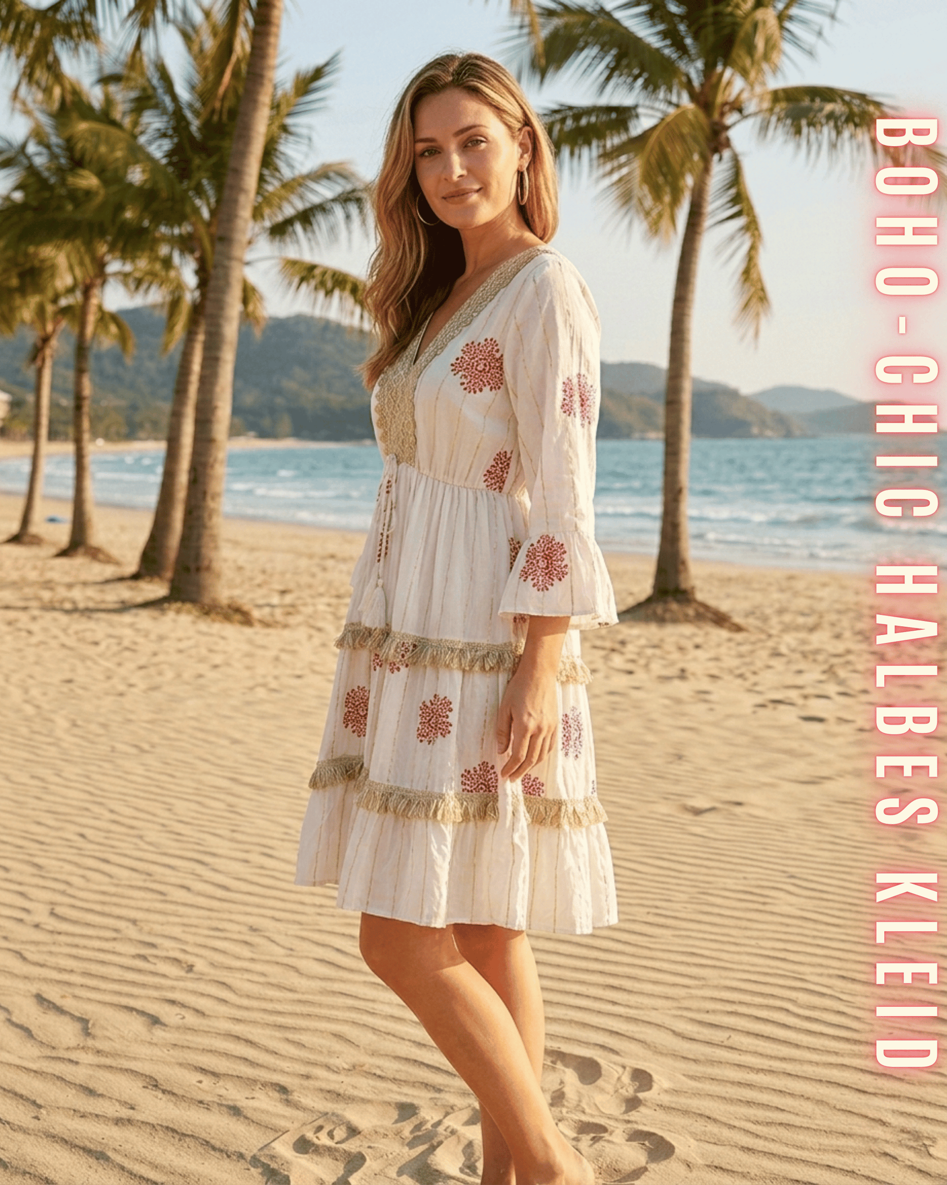 Seitliche Ansicht eines weißen Mini-Kleides mit rostroten Stickereien.