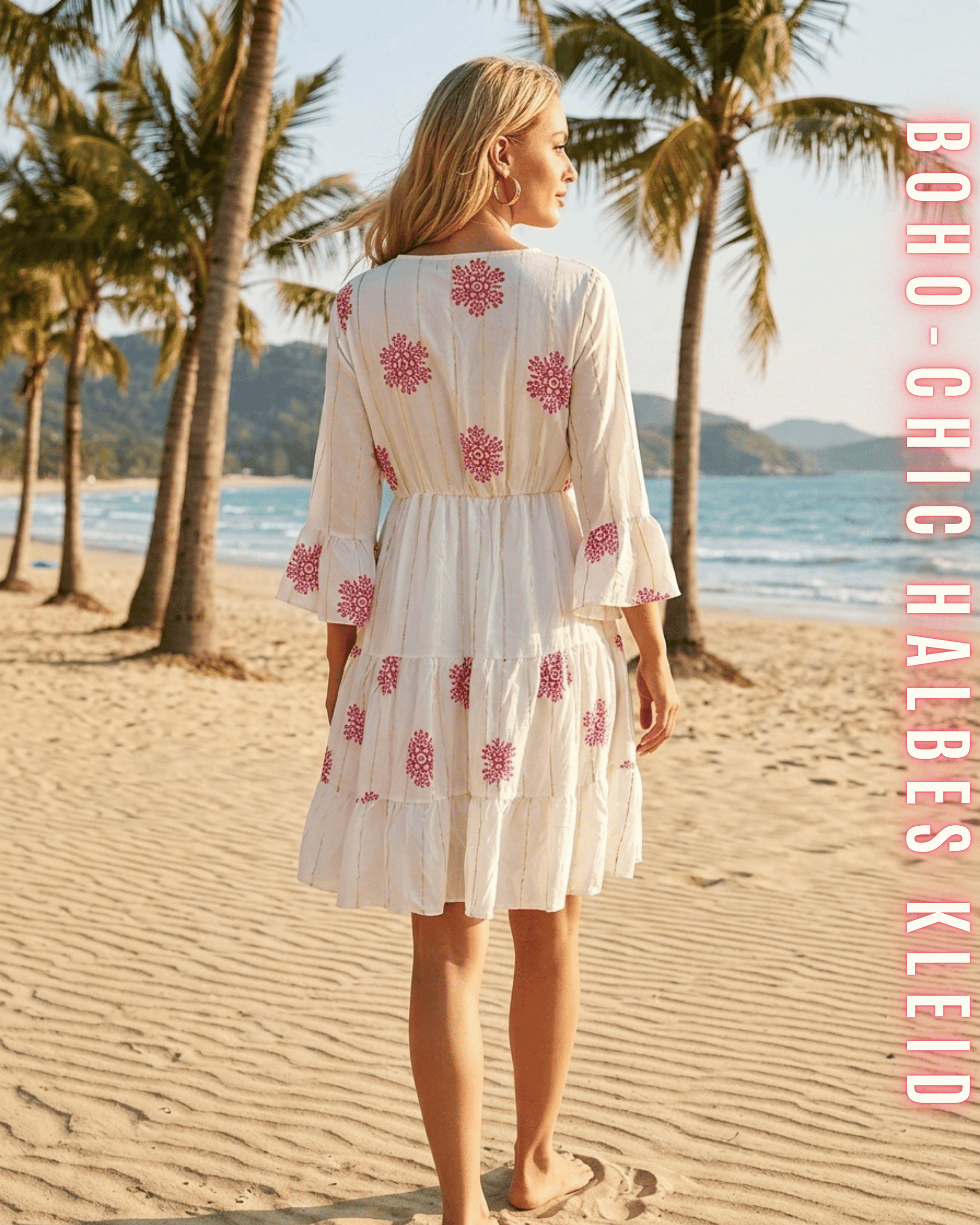 Rückansicht eines weißen Kurz-Kleides mit floralen Stick-Elementen.