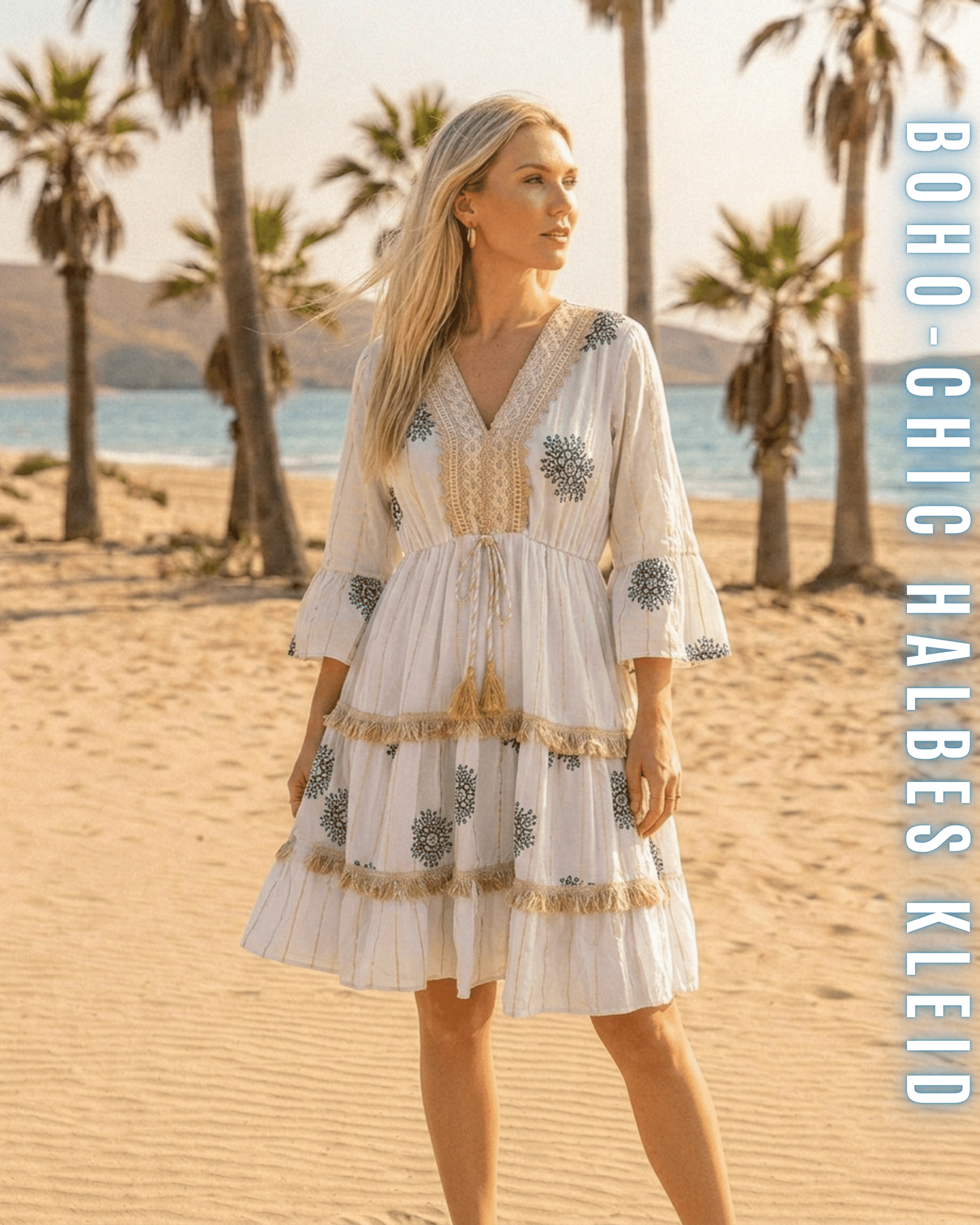 Sonnengelbes Tunikakleid im Boho-Stil mit weißen und Kordelzug.