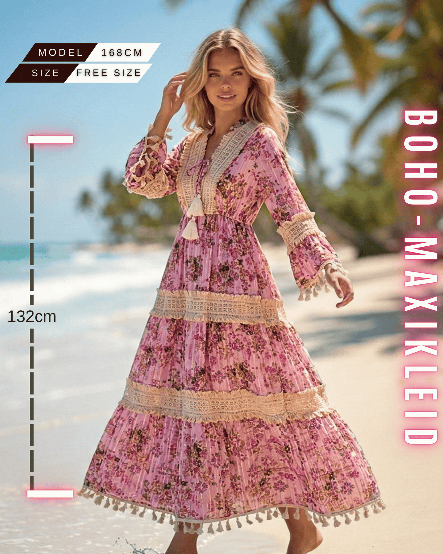 Frontansicht einer Frau im pinken Boho-Maxikleid mit golden Blumen am Strand. Kleidergröße Free Size, das Frau ist 168 cm groß und die Kleid-Länge beträgt 132 cm.