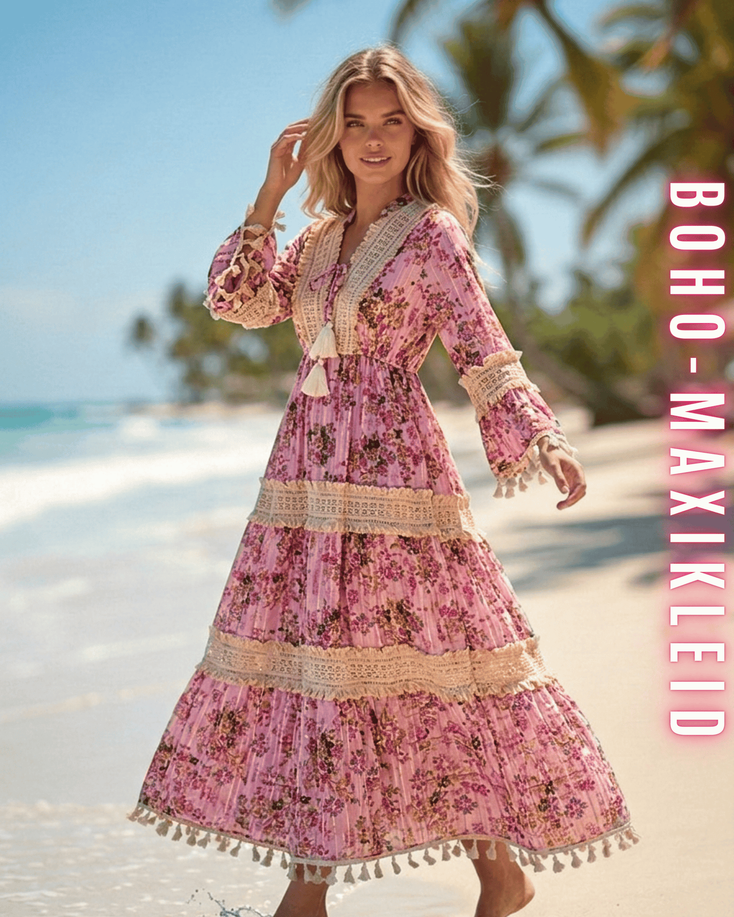 Elegantes pinkes Maxikleid mit Blumenmuster, Spitzenborten und Glockenärmeln.