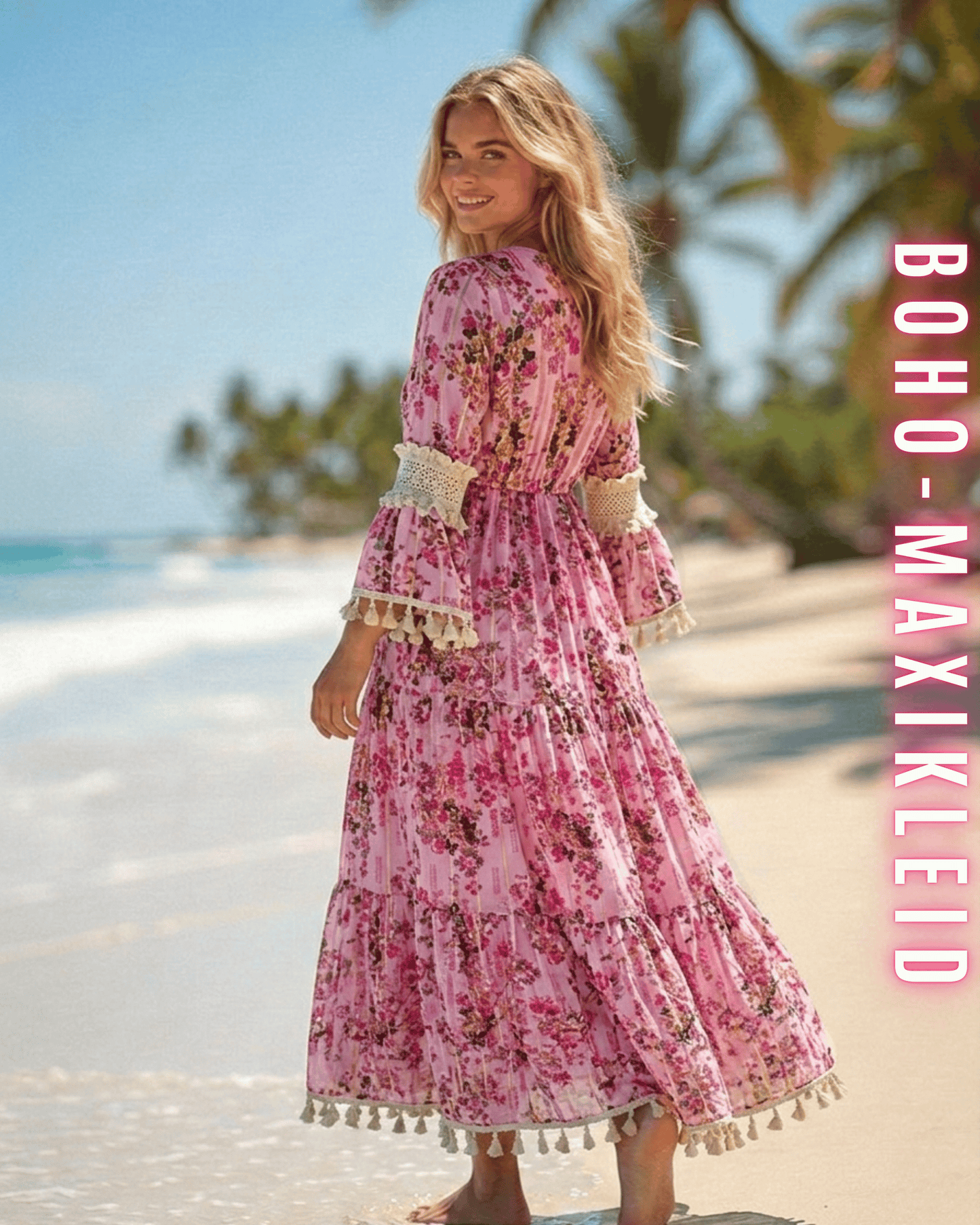 Rückansicht elegantes pinkes Maxikleid mit Blumenmuster, Spitzenborten und Glockenärmeln.