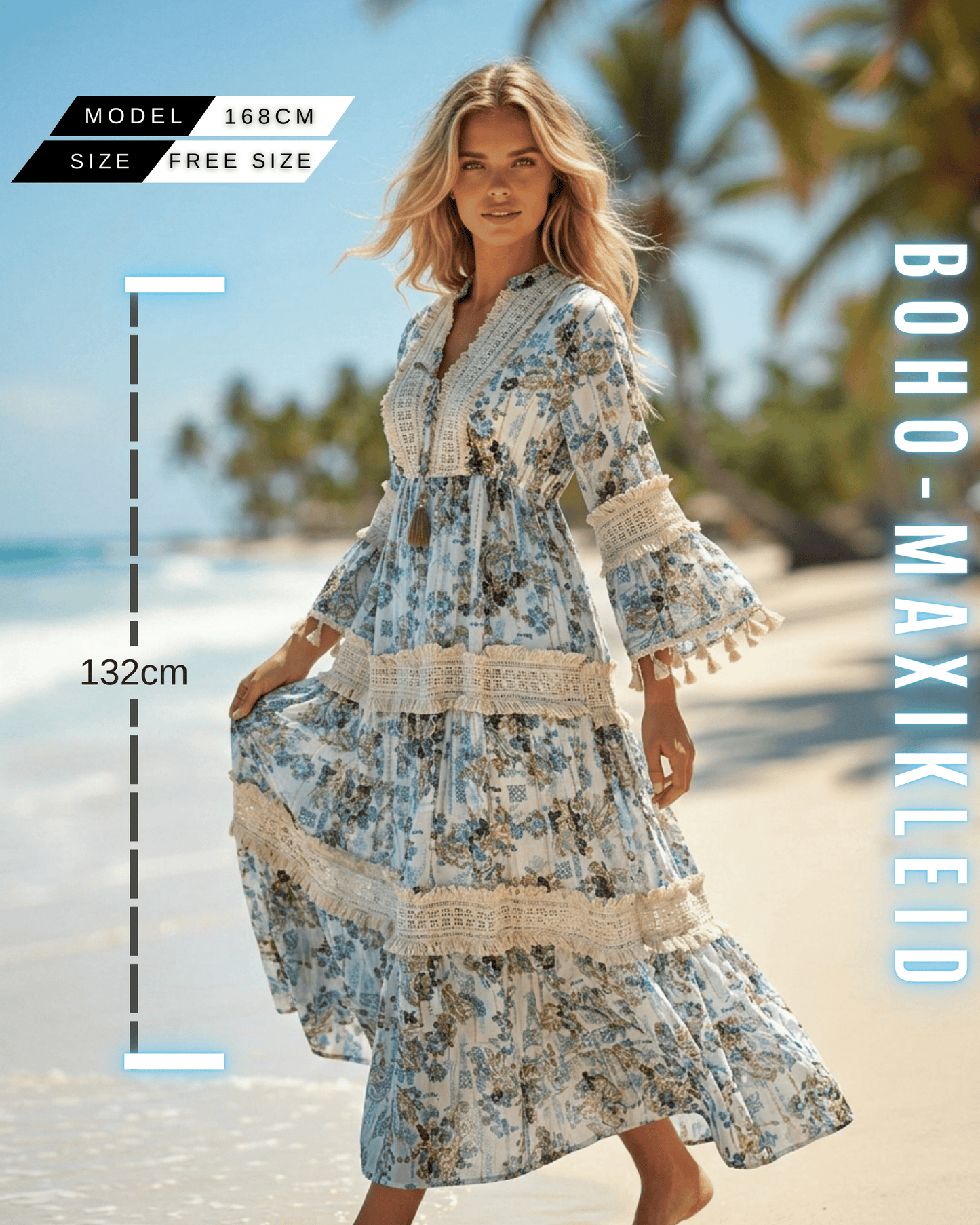 Frontansicht einer Frau im weißen Boho-Maxikleid mit blauen Blumen am Strand. Kleidergröße Free Size, das Frau ist 168 cm groß und die Kleid-Länge beträgt 132 cm