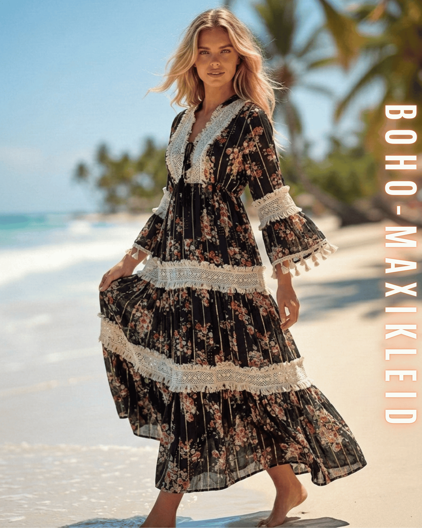 Elegantes schwarzes Maxikleid mit Blumenmuster, Spitzenborten und Glockenärmeln.