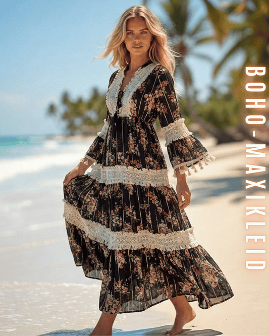 Elegantes schwarzes Maxikleid mit Blumenmuster, Spitzenborten und Glockenärmeln.