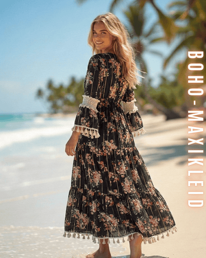 Rückansicht elegantes schwarzes Maxikleid mit Blumenmuster, Spitzenborten und Glockenärmeln.