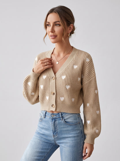 Damen-Cardigan Herzmuster Beige - Vorderansicht