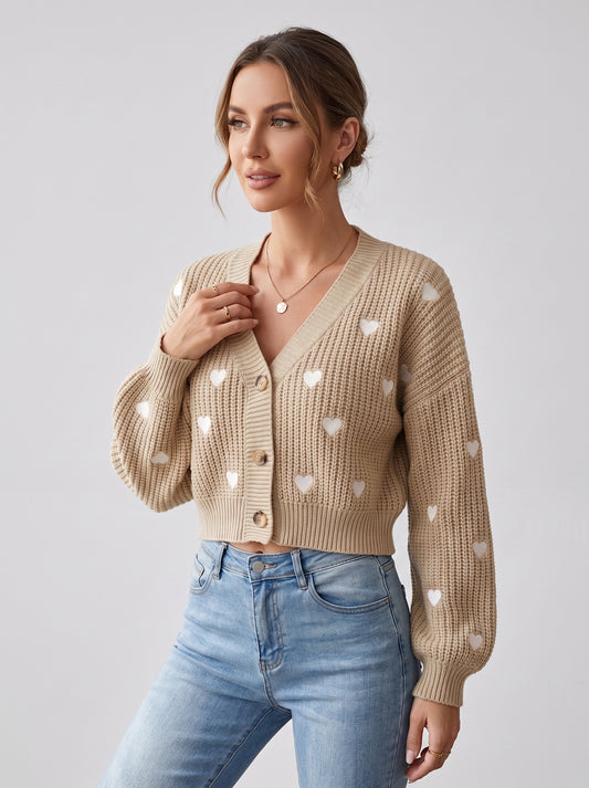 Damen-Cardigan Herzmuster Beige - Vorderansicht