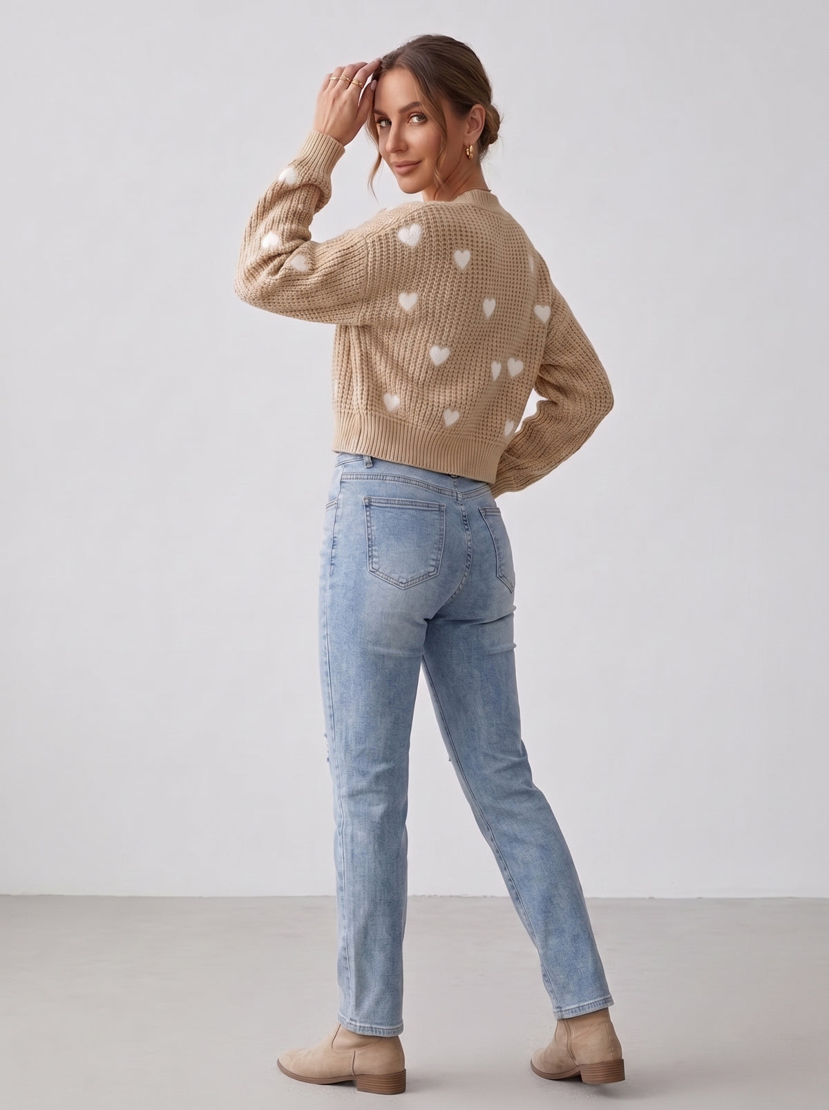 Damen-Cardigan Herzmuster Beige - Rückansicht