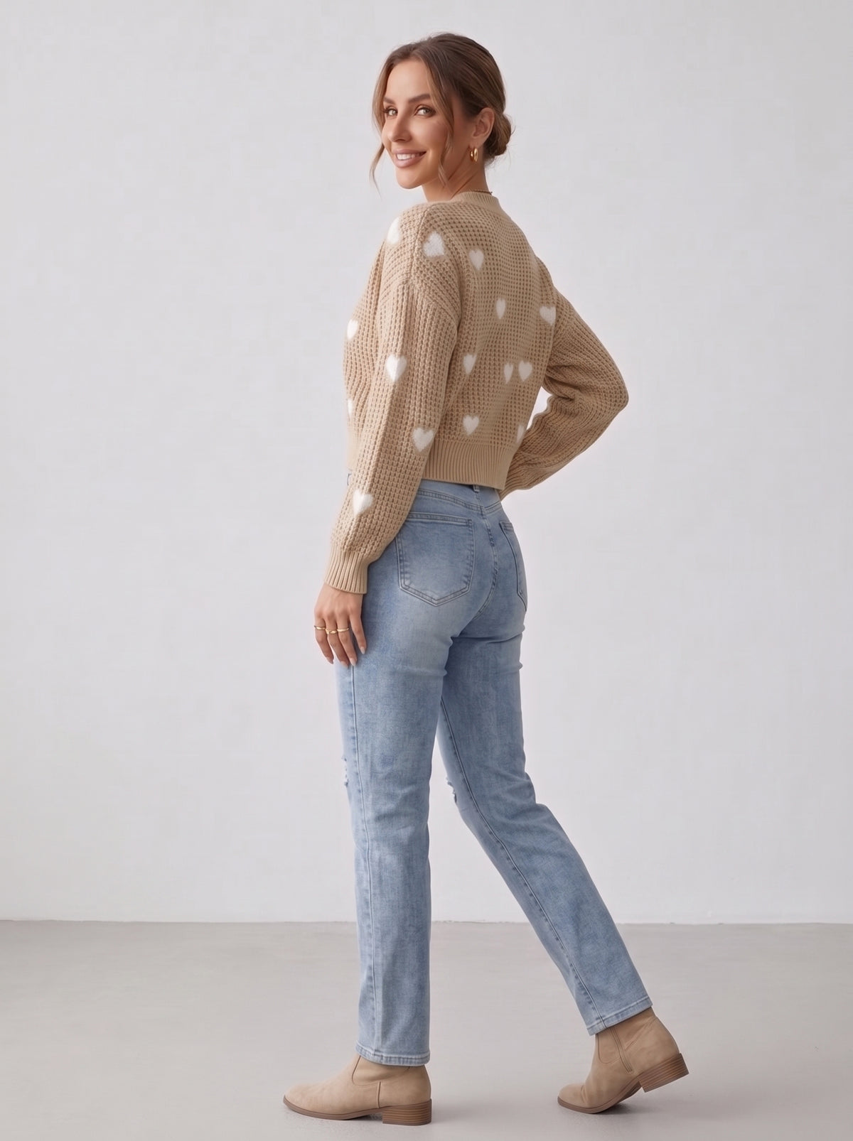 Damen-Cardigan Herzmuster Beige - Seitenansicht