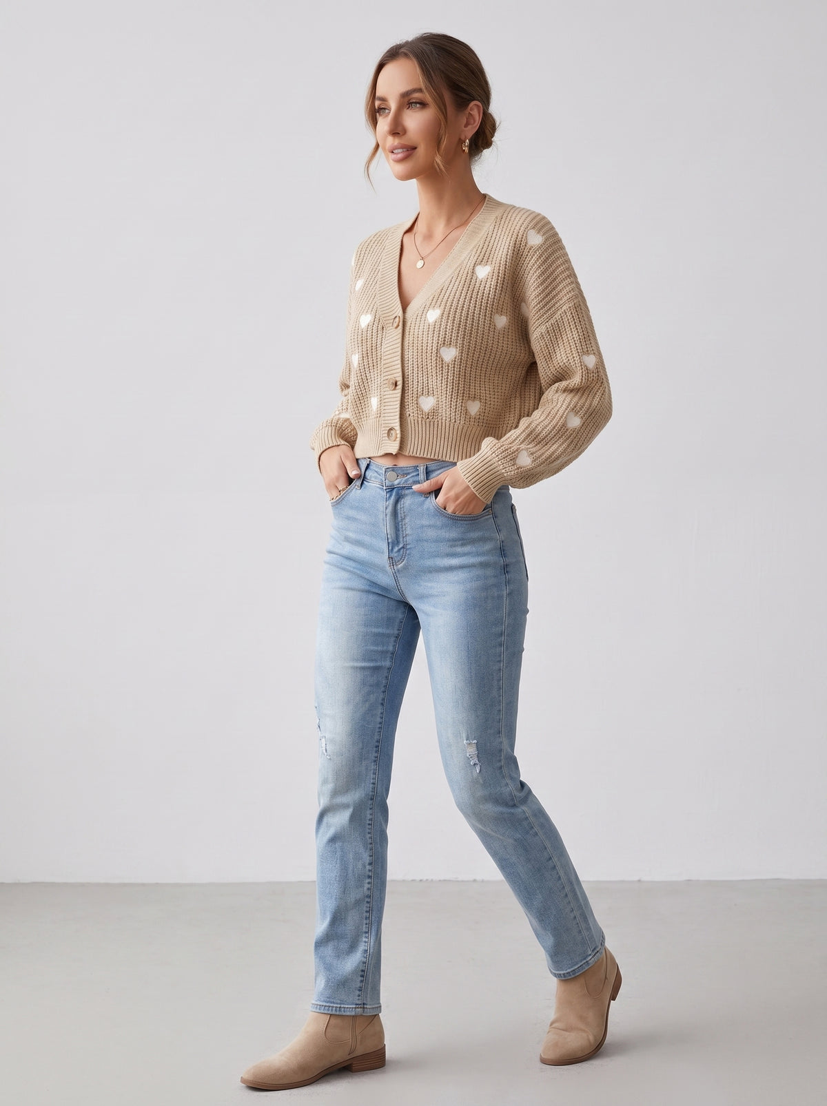 Damen-Cardigan Herzmuster Beige - Style 5