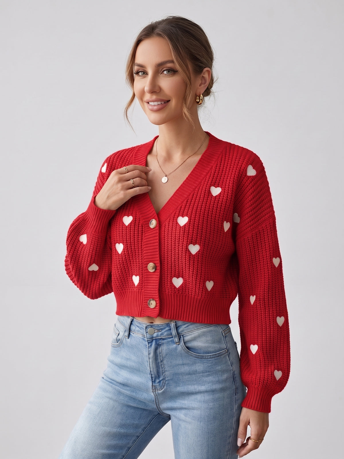 Damen-Cardigan Herzmuster Rot - Vorderansicht