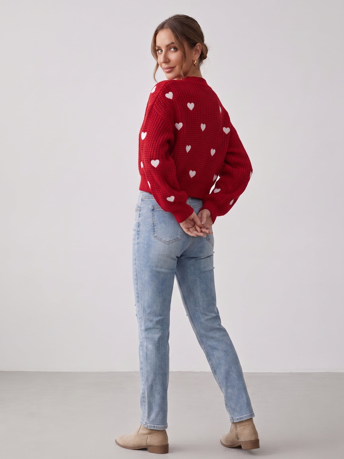 Damen-Cardigan Herzmuster Rot - Seitenansicht