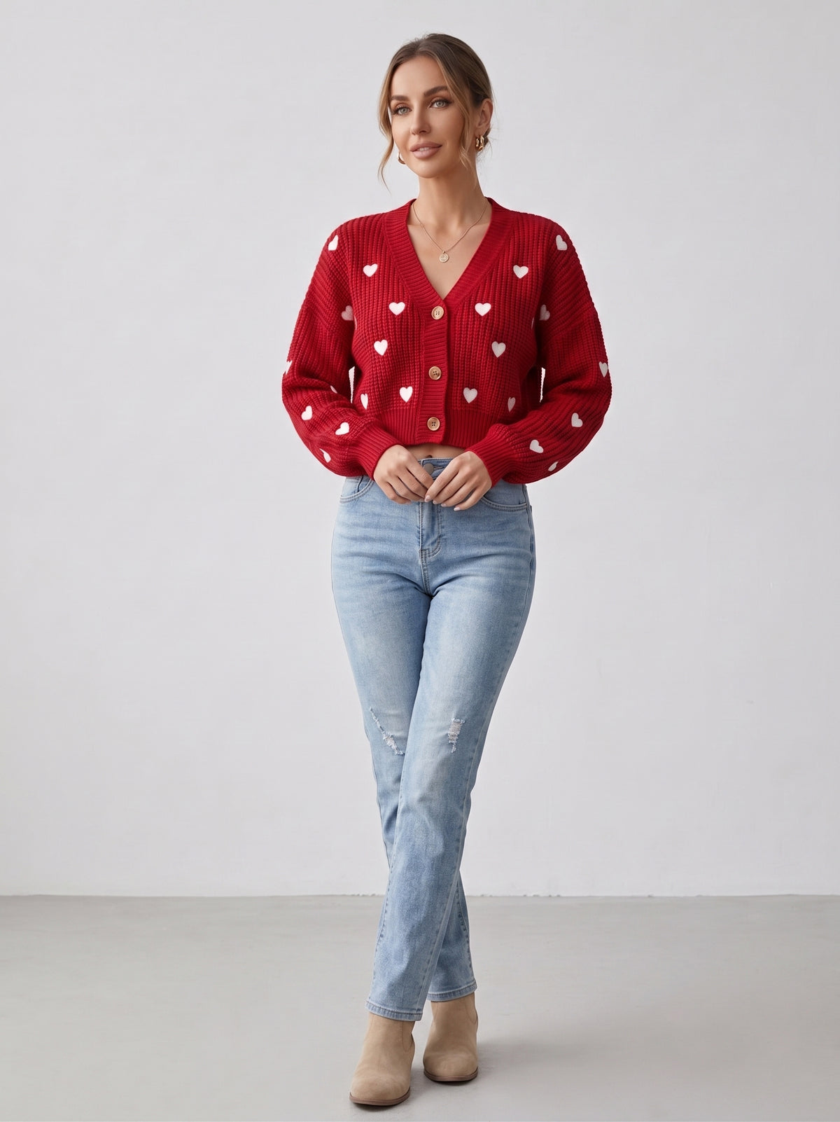 Damen-Cardigan Herzmuster Rot - Style 4