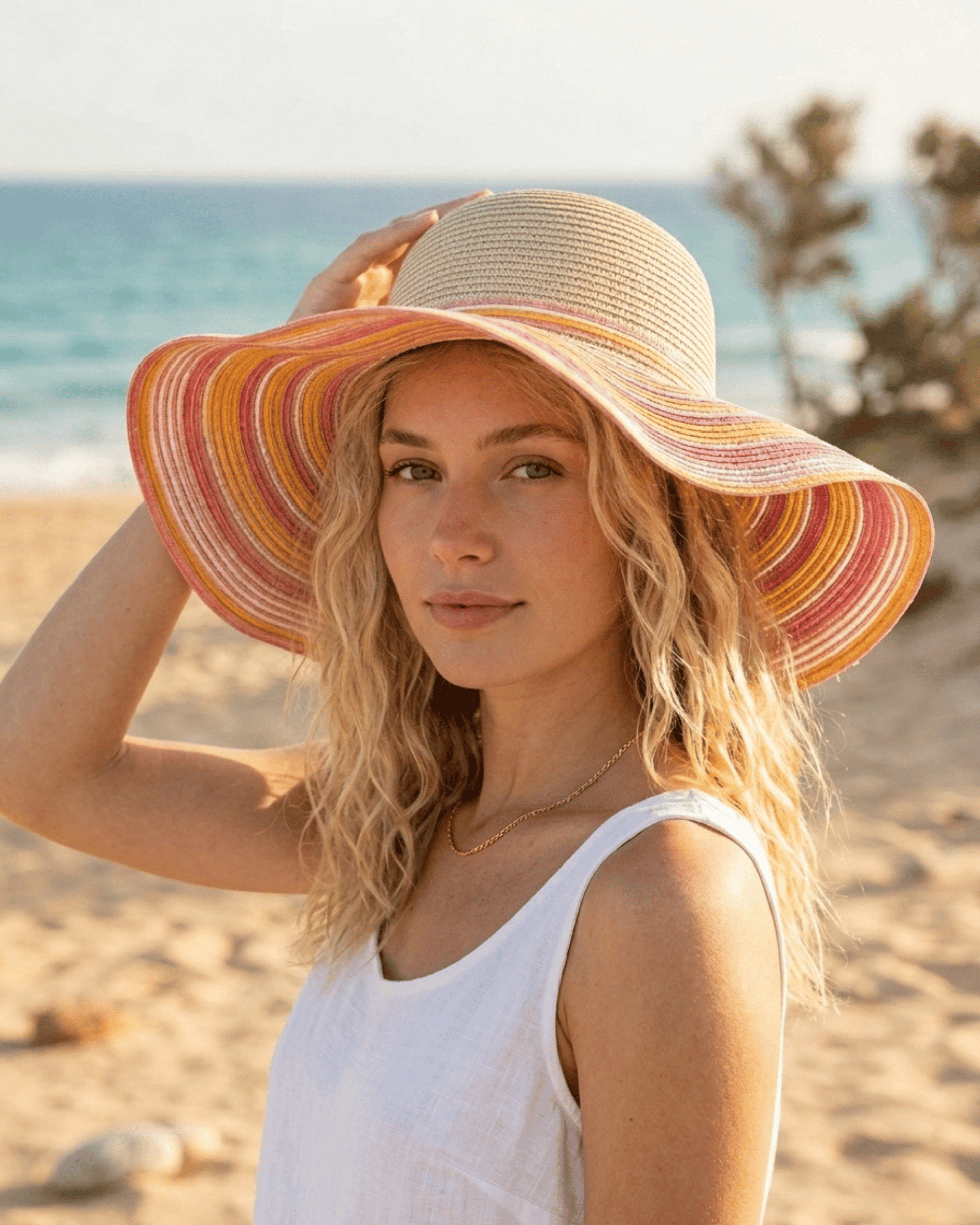 Frau trägt einen weiten Strohhut mit bunten Streifen in Pink und Orange am Meer.