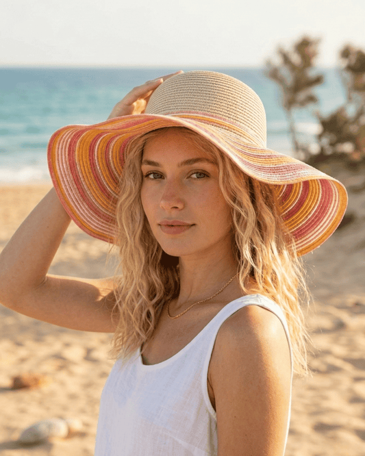 Frau trägt einen weiten Strohhut mit bunten Streifen in Pink und Orange am Meer.
