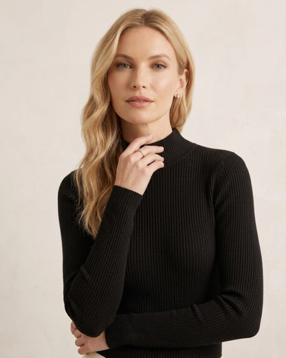Feinstrick Ripp-Pullover Damen Schwarz – Nahaufnahme Troyer-Kragen