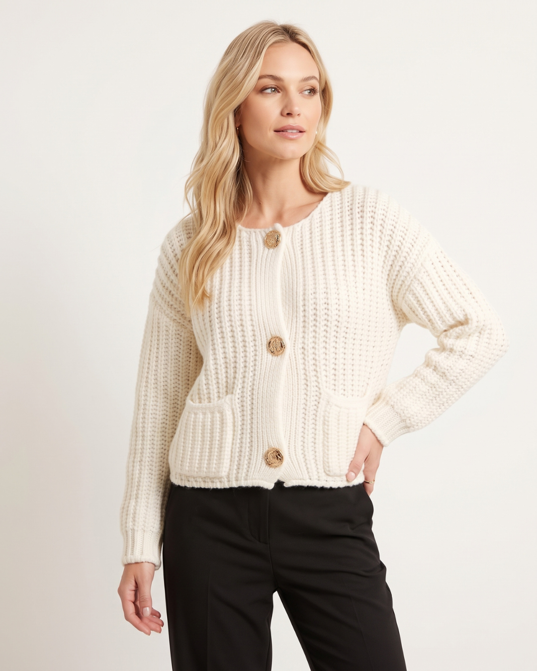 Kurzer cremefarbener Cardigan mit aufgesetzten Taschen – Dreiviertelansicht am Model