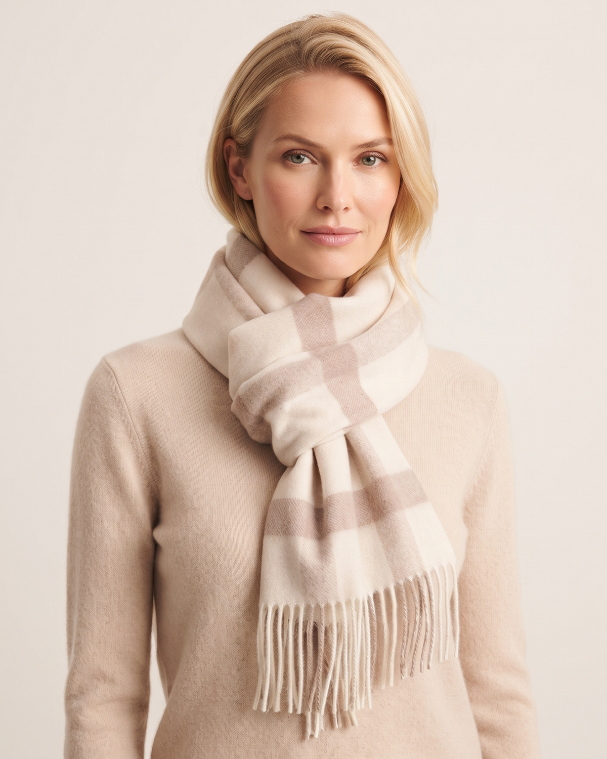 Unisex-Wollschal mit Retro-Streifen in Beige und Creme – Ansicht 1