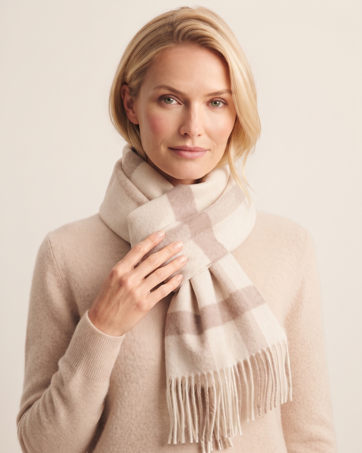 Unisex-Wollschal mit Retro-Streifen in Beige und Creme – Ansicht 3