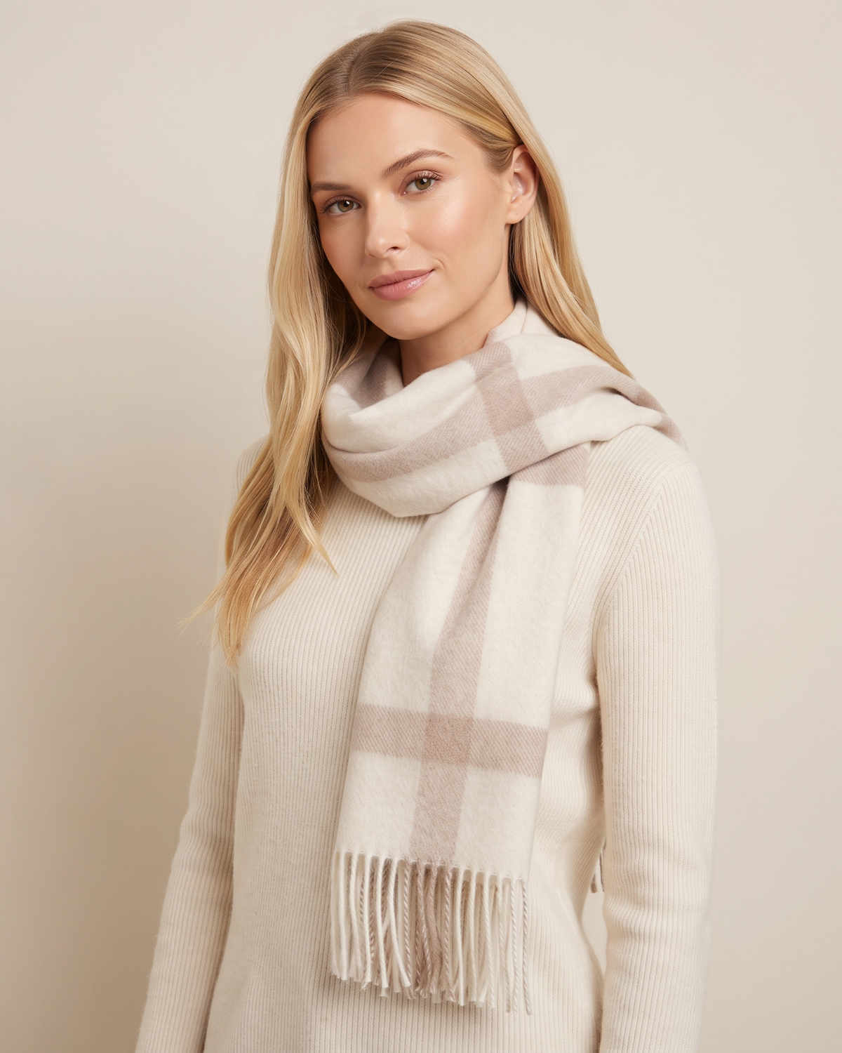Unisex-Wollschal mit Retro-Streifen in Beige und Creme – Ansicht 5