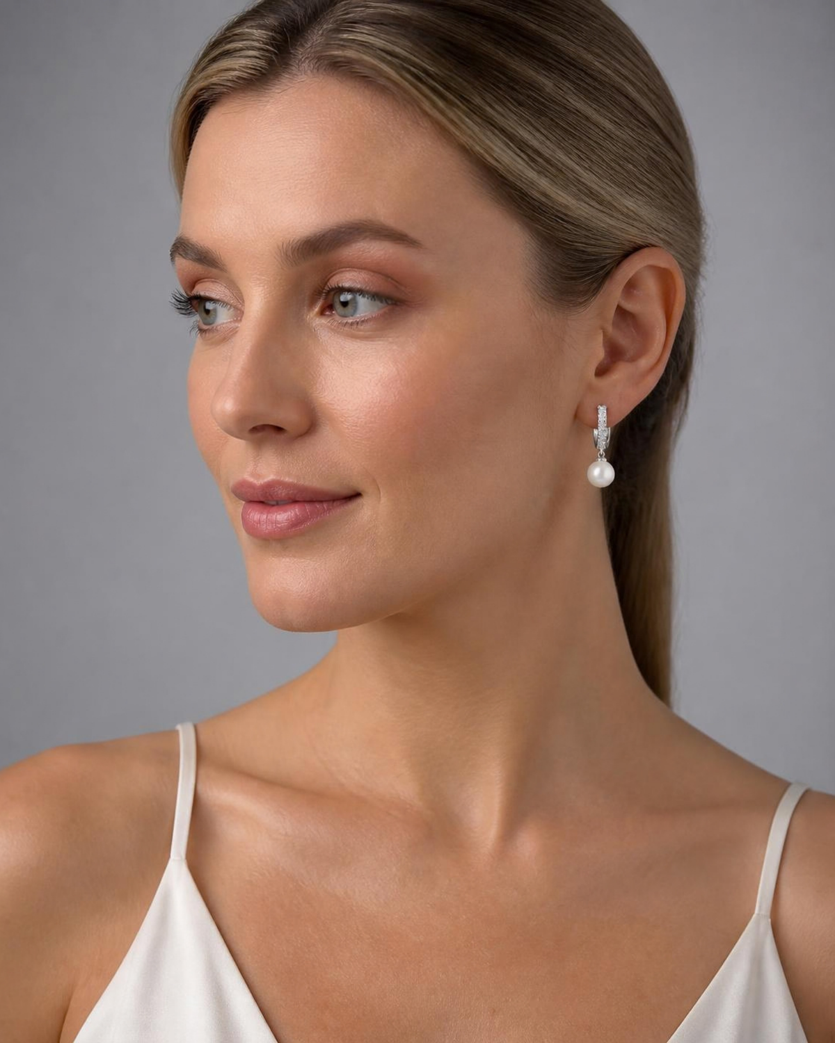 Damen-Creolen mit Perlenanhänger und Zirkonia in Silberoptik – am Model