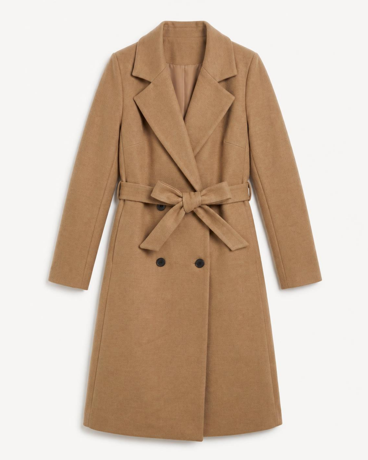 ELEXUA Damenmantel in Camel – Produktansicht mit Gürtel und Knöpfen
