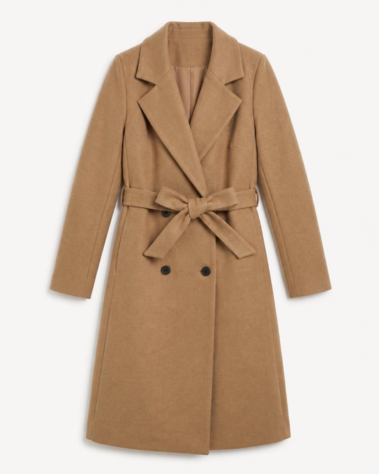 ELEXUA Damenmantel in Camel – Produktansicht mit Gürtel und Knöpfen