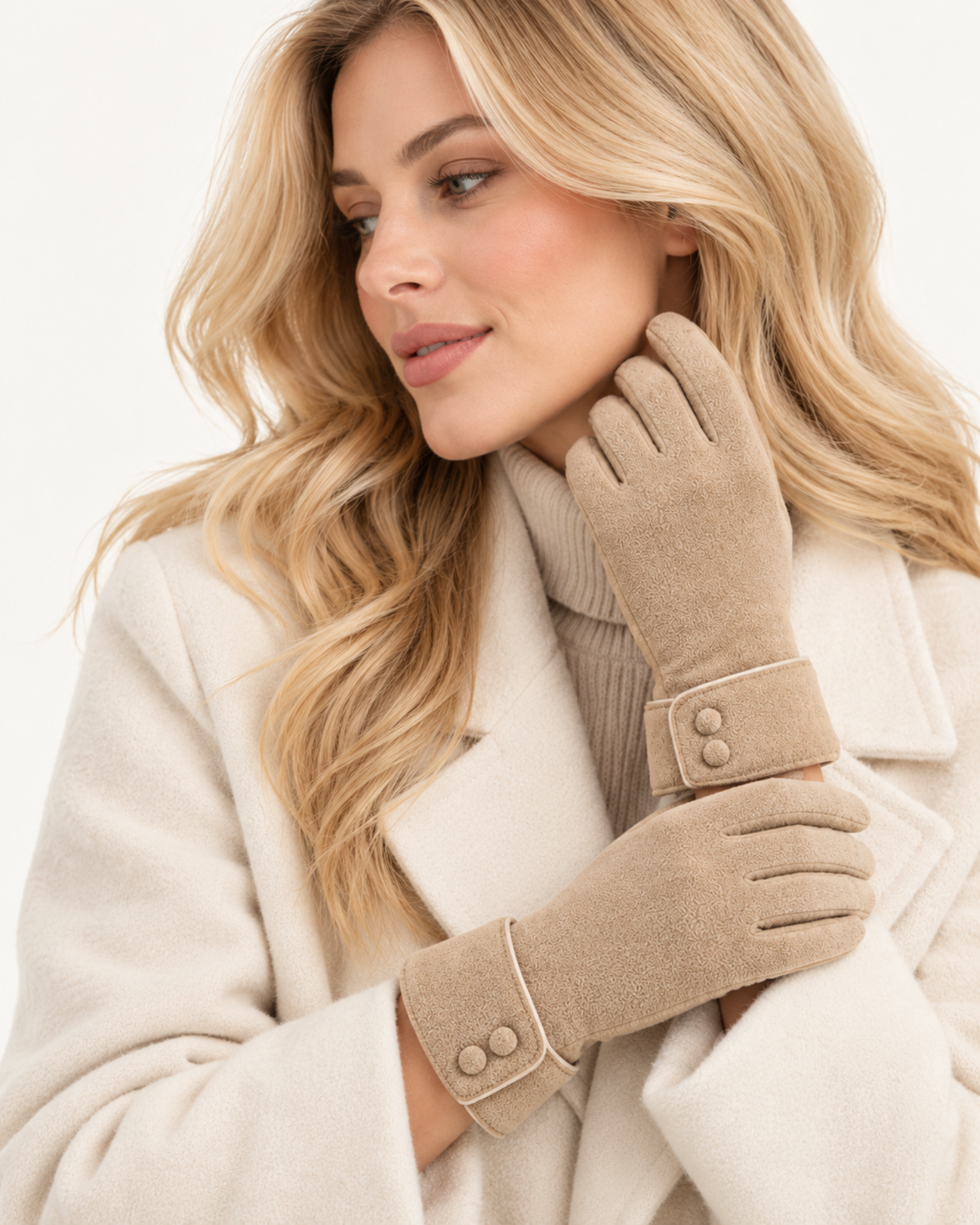 ELEXUA Damen-Handschuhe mit Zierknöpfen in Beige – Ansicht 5