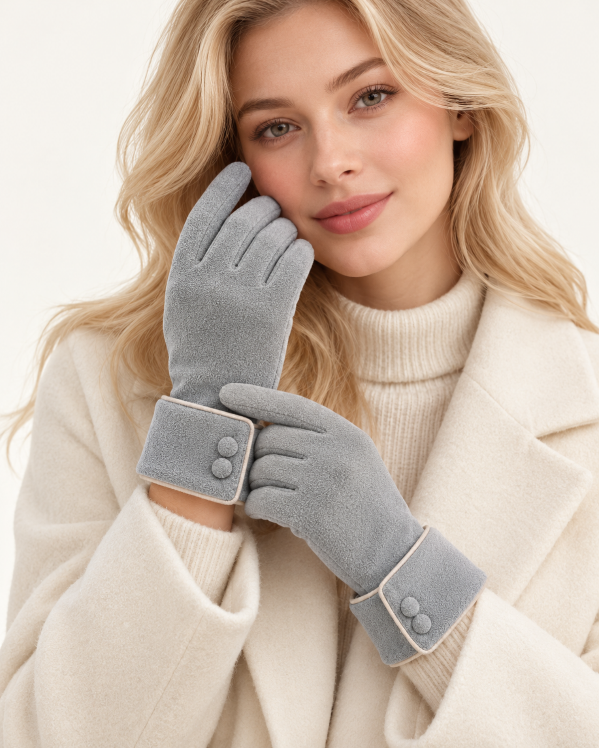 ELEXUA Damen-Handschuhe mit Zierknöpfen in Grau – Ansicht 1