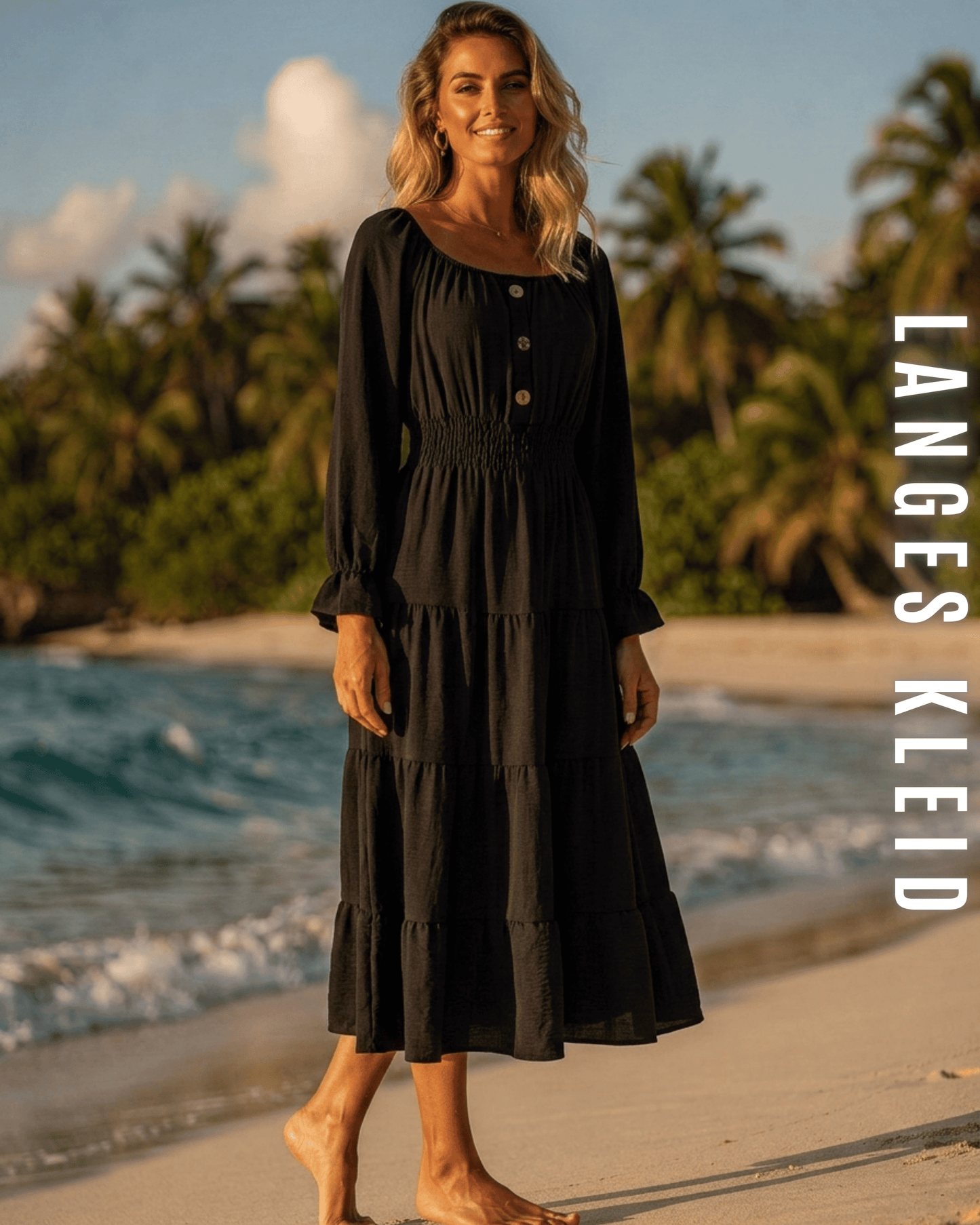 Elegantes schwarzes langes Kleid von ELEXUA mit Knopfleiste und gesmokter Taille, getragen am sommerlichen Strand.